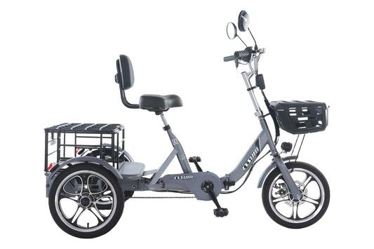 Gray tricycle with a basket on a white background