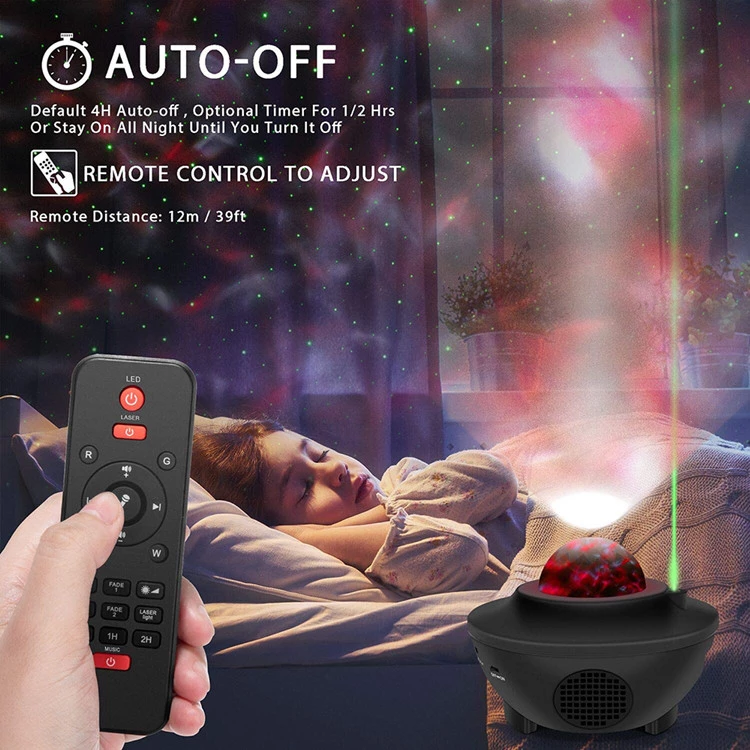 Star projector with remote control in a bedroom setting