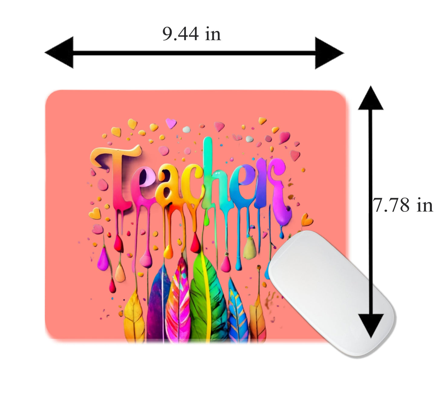 A rectangular mouse pad with rounded corners on a white background, showing a pink base with colorful dripping 'Teacher' lettering, feather graphics, and dimension arrows indicating 9.44 in by 7. multi device wireless keyboard and mouse combo. Axis-Dynamics
