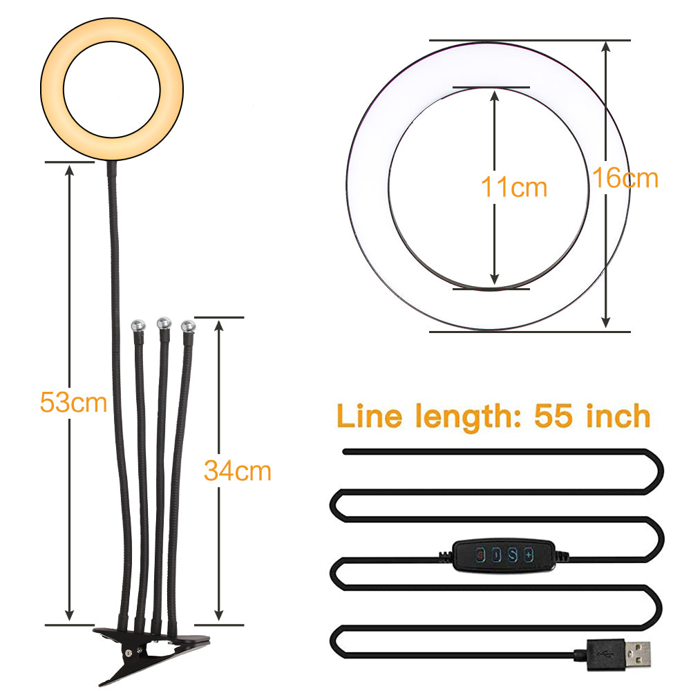 Measurement chart of a ring light with dimensions and line length on a white background