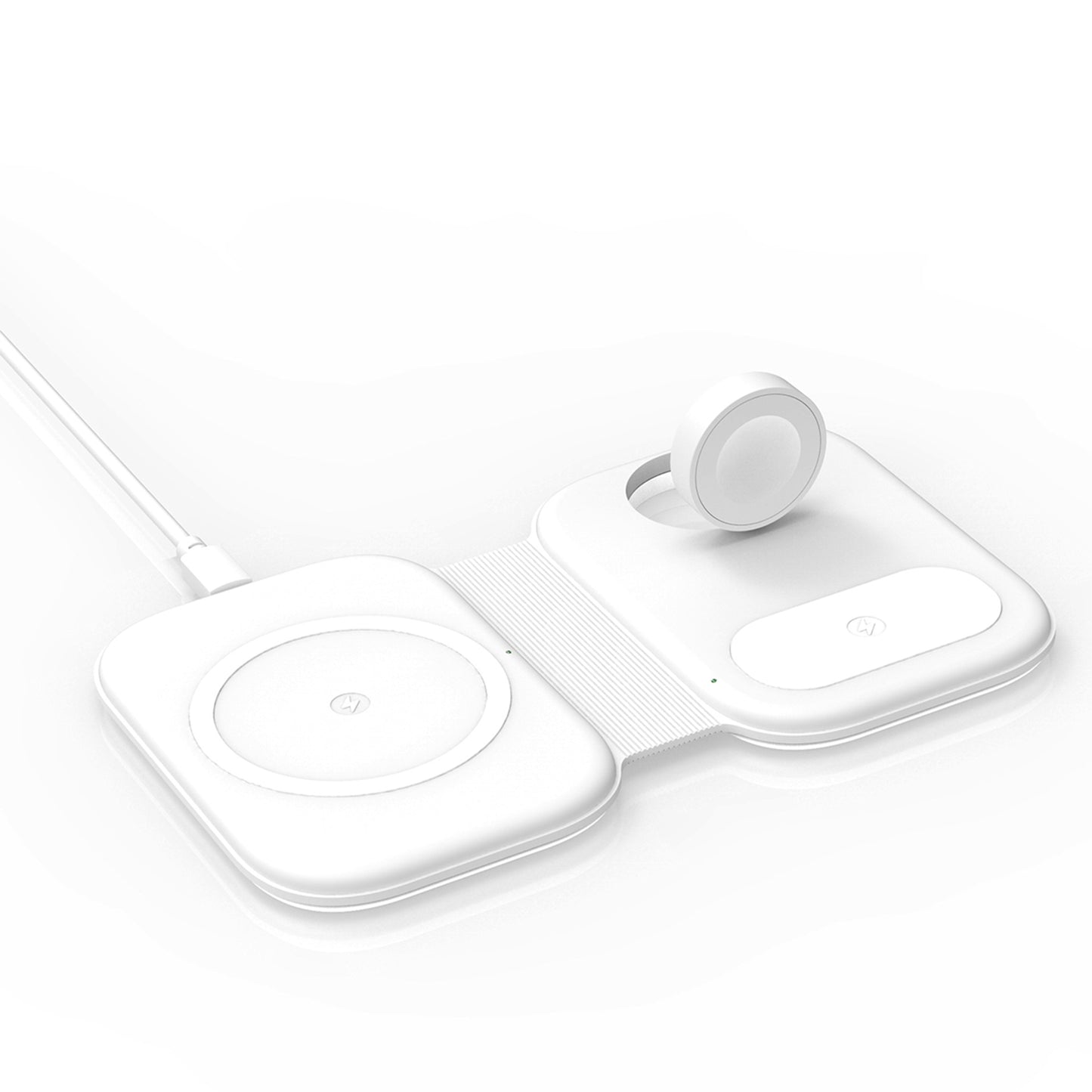 Wireless charging pad with earbuds on a white background
