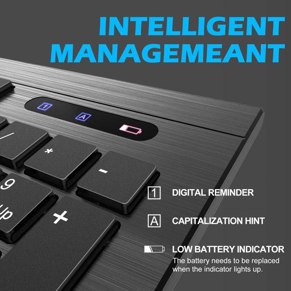 Keyboard with digital reminder, capitalization hint, and low battery indicator on a dark background. Best online electronics store. Axis-Dynamics
