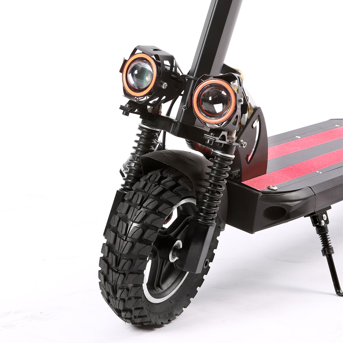 Close-up of an electric scooter's front wheel and suspension system on a white background