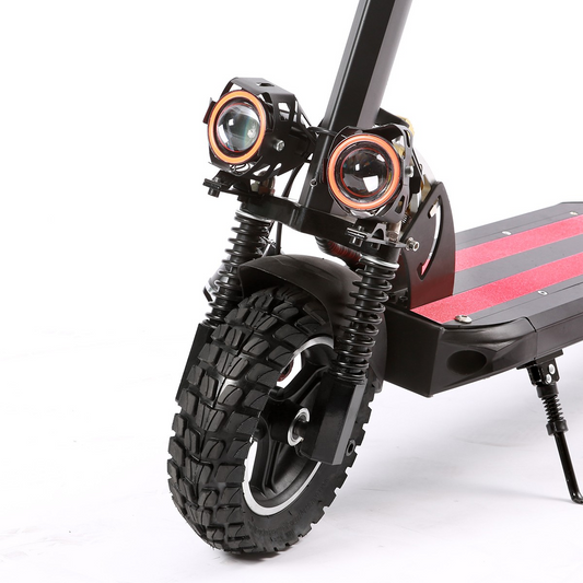 Close-up of an electric scooter's front wheel and suspension system on a white background