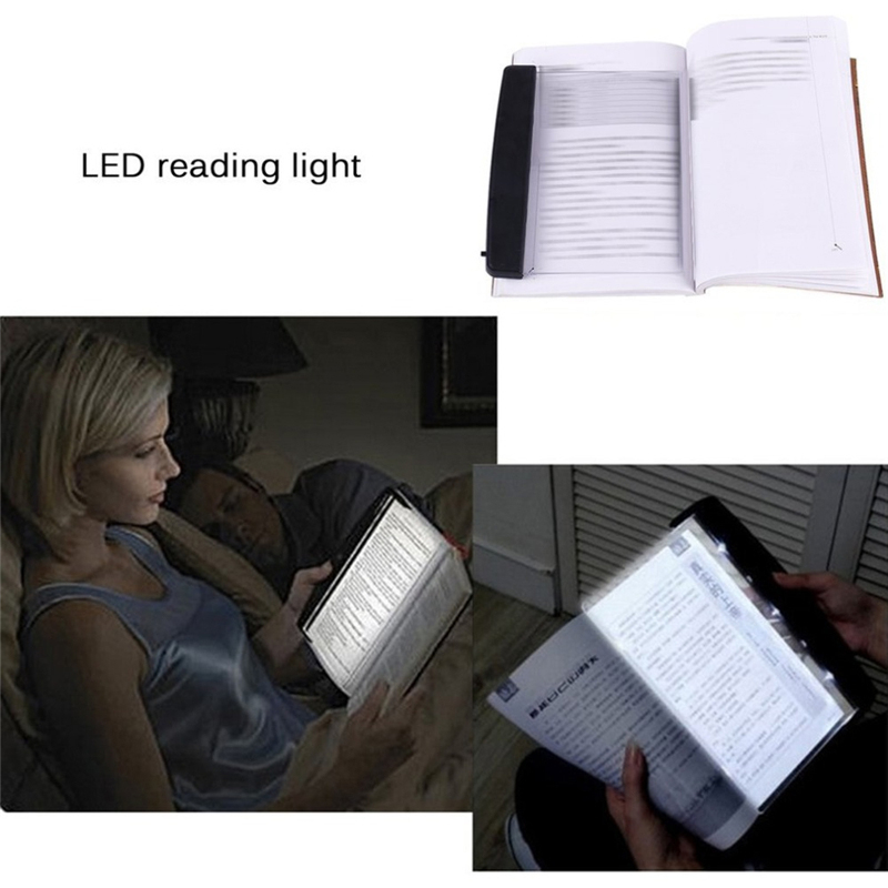 LED reading light attached to books with people using it in various settings.