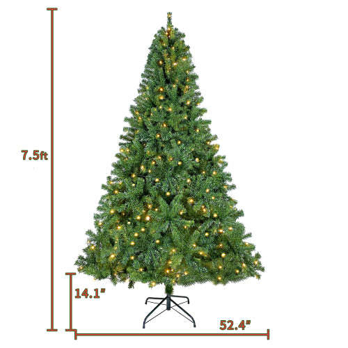 7.5-foot pre-lit artificial Christmas tree with measurements on a white background