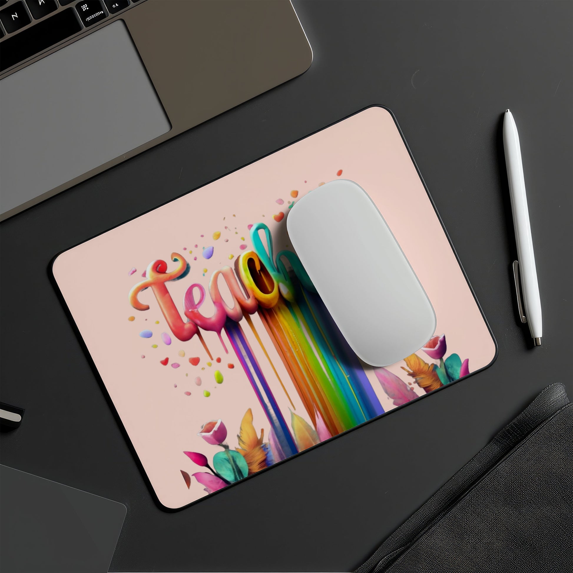 Colorful mouse pad with 'Tea' design on a desk with laptop and pen. magnetic switch rapid trigger gaming keyboard. Axis-Dynamics