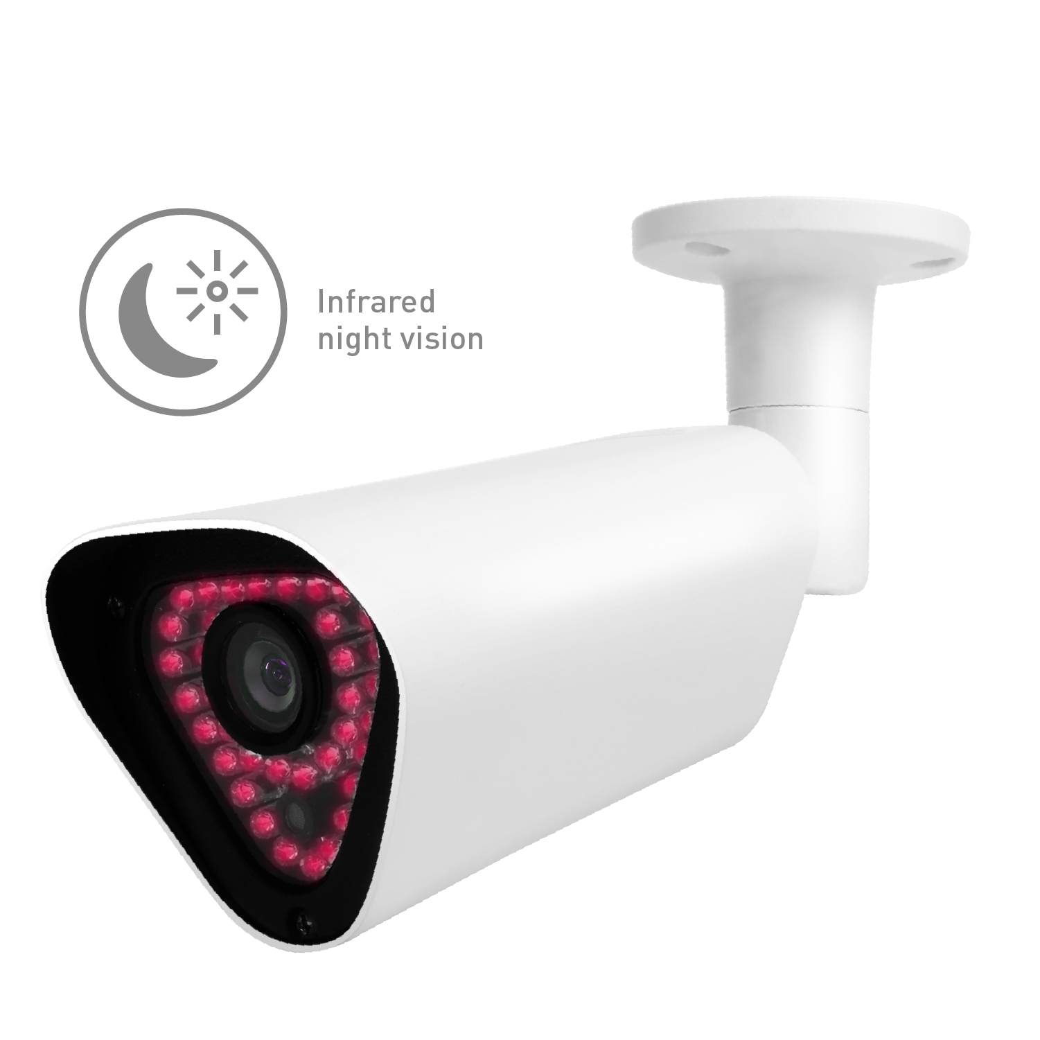 White security camera with infrared night vision lights on a white background