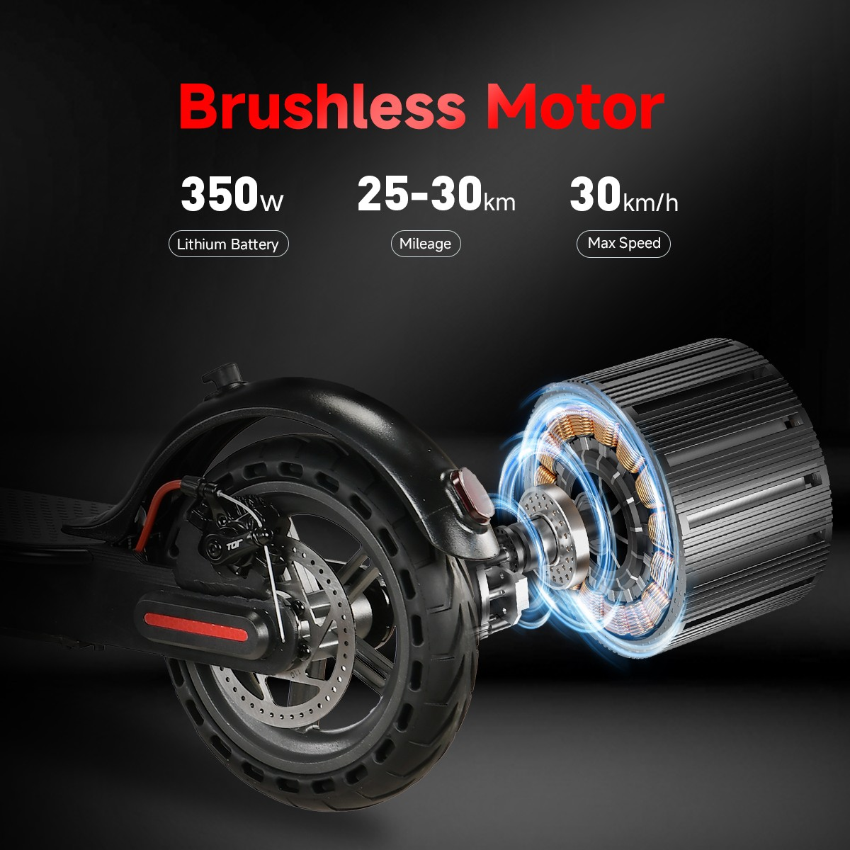 Electric scooter with brushless motor details on a dark background