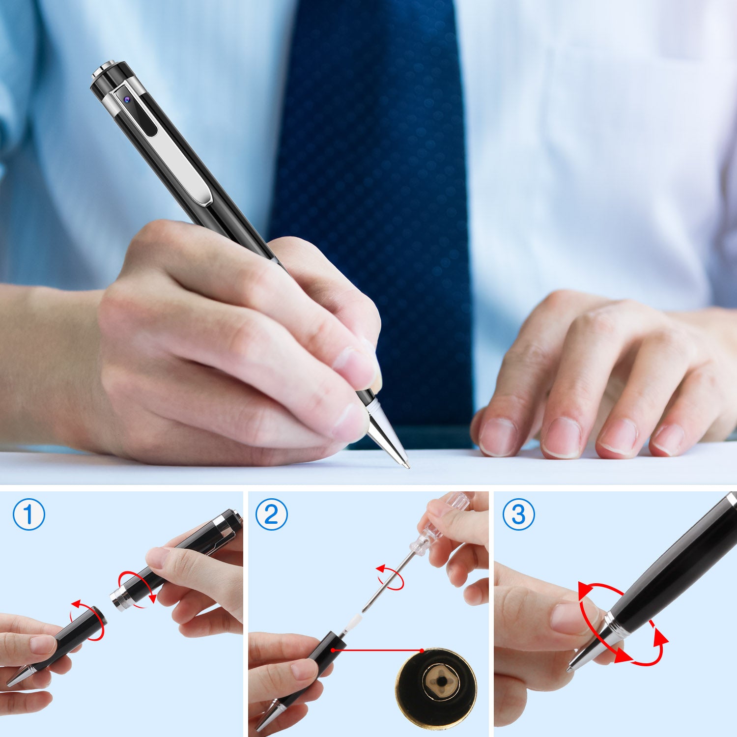Person using a pen with a cap, accompanied by step-by-step instructions on how to use it.