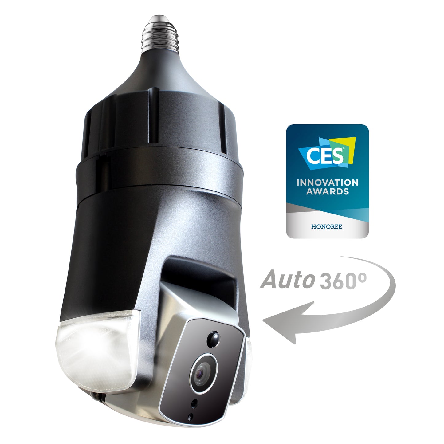 Smart light bulb with camera and 360-degree view feature, CES Innovation Award badge visible.
