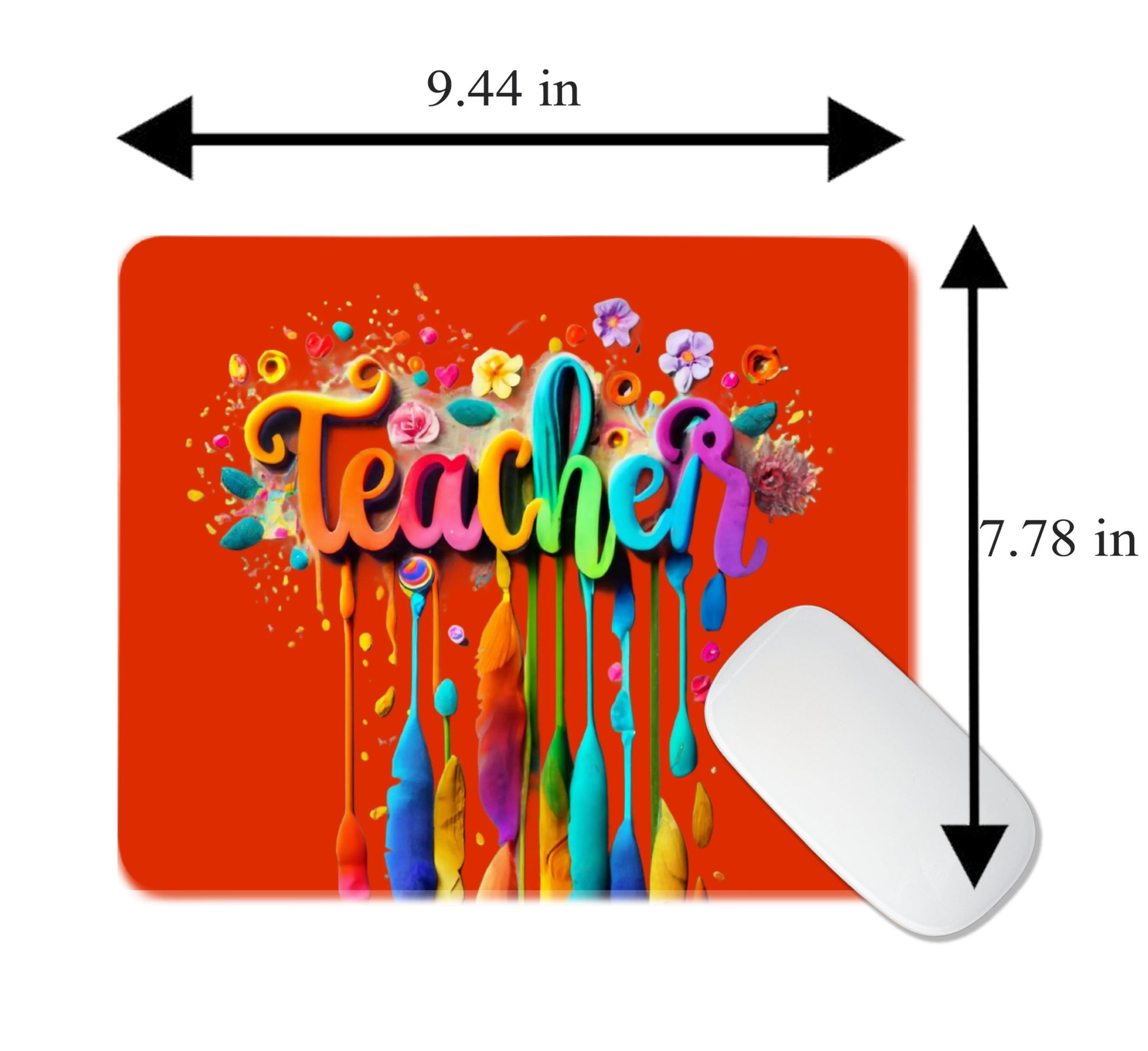 Colorful 'Teacher' mouse pad with dimensions and a white mouse for scale. magnetic switch rapid trigger gaming keyboard. Axis-Dynamics