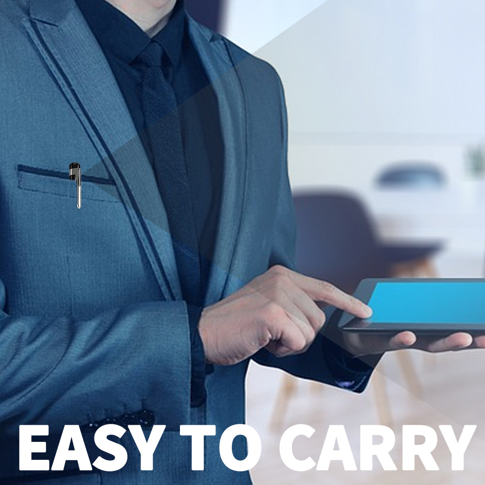 Person in a blue suit holding a tablet with text 'EASY TO CARRY' in an office setting.
