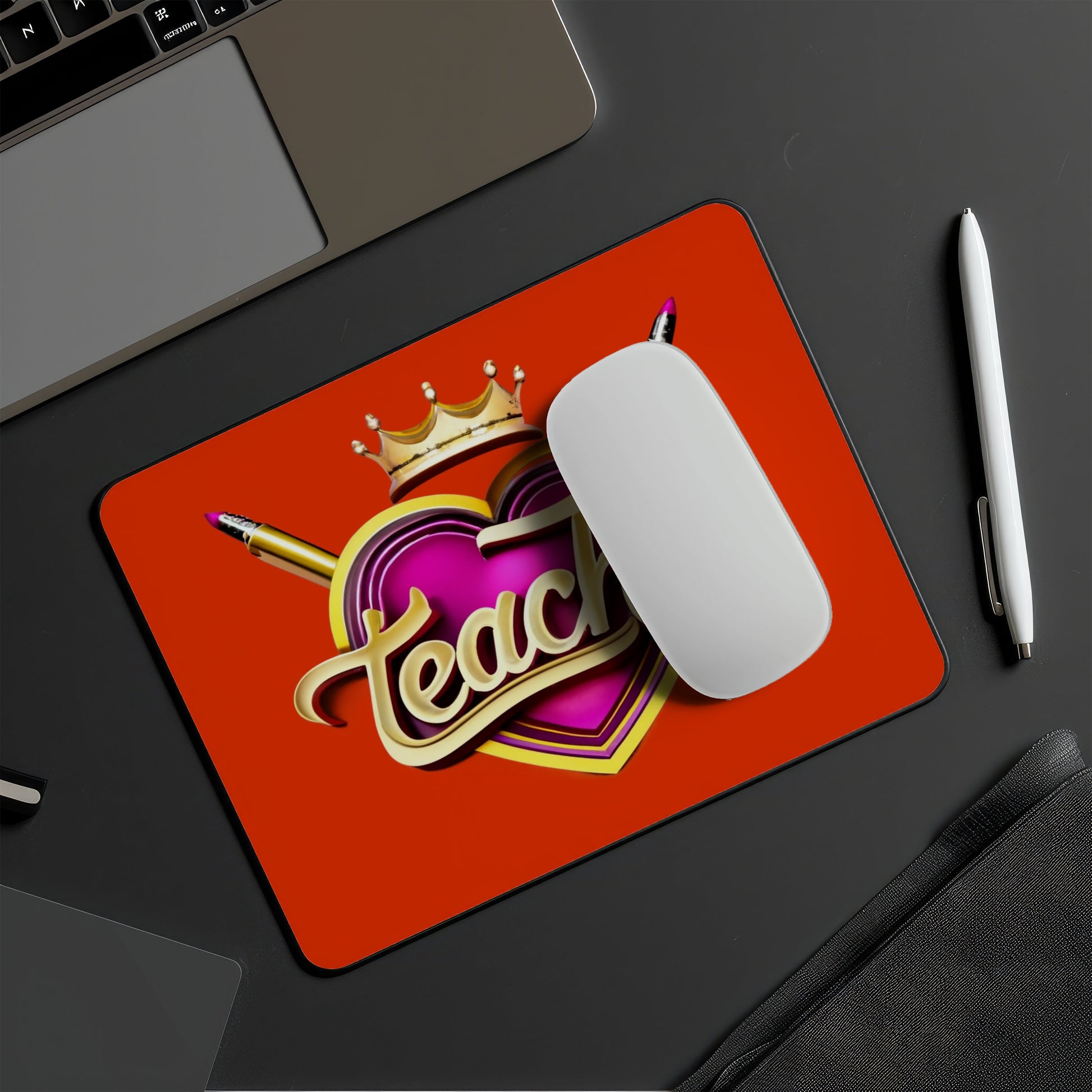 Mouse pad with 'Teacher' design and measurements on a white . multi device wireless keyboard and mouse combo. Axis-Dynamics