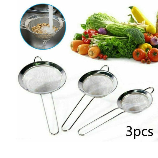 Three metal strainers with a inset showing their use on food, surrounded by vegetables.
