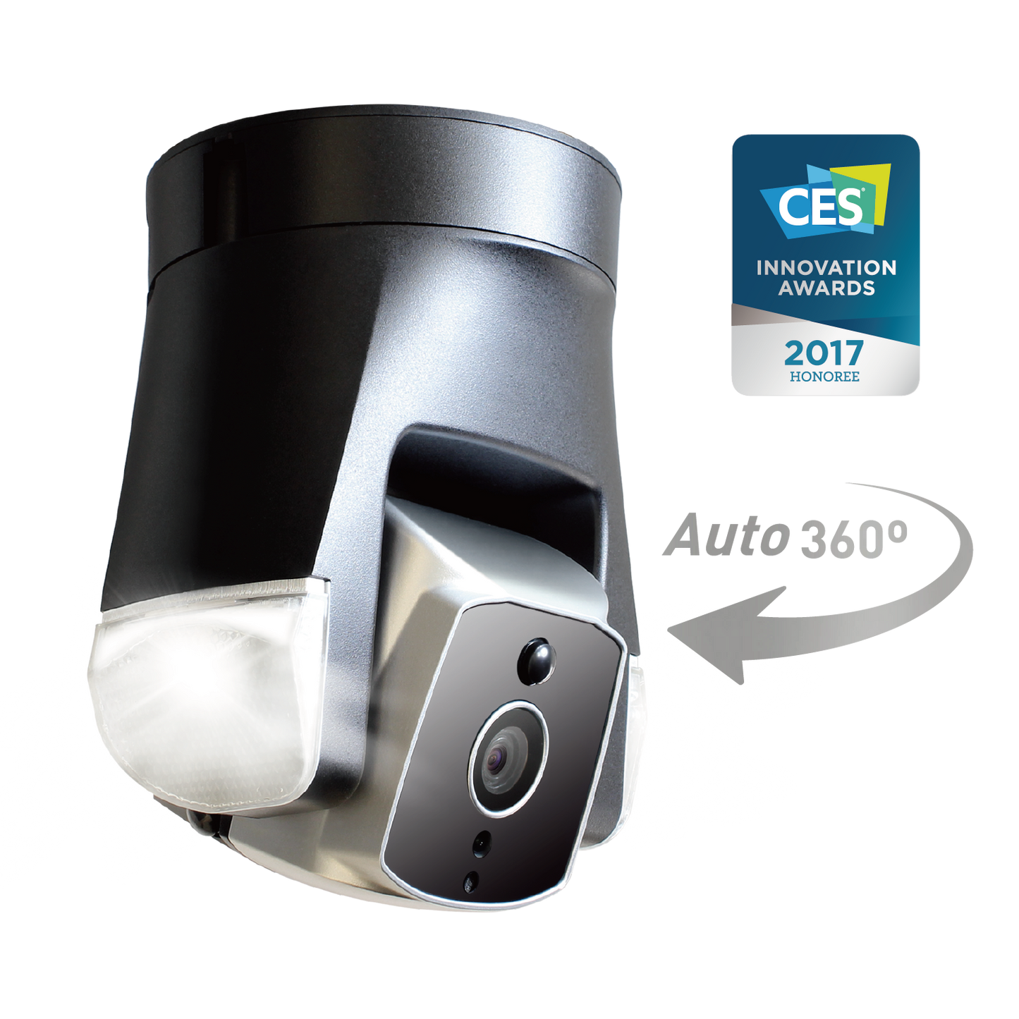 Smart security camera with 360-degree auto rotation feature on a white background, featuring CES Innovation Award badge.