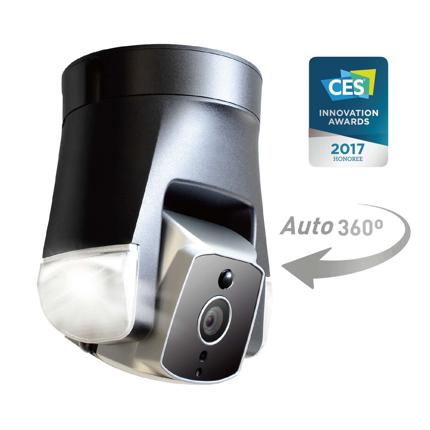 Smart security camera with 360-degree auto rotation feature on a white background, featuring CES Innovation Award badge.