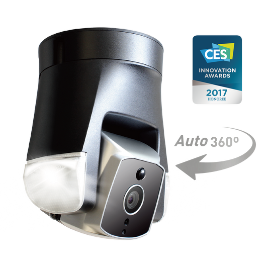 Smart security camera with 360-degree auto rotation feature on a white background, featuring CES Innovation Award badge.