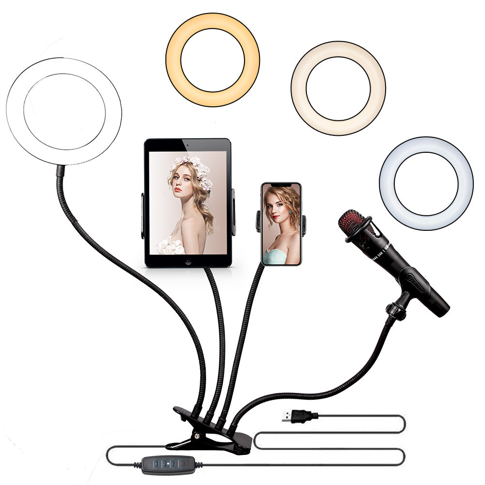 Multifunctional device with ring lights, microphone, and phone holder on a white background