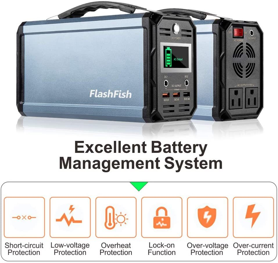 Portable power station with 'FlashFish' branding and battery management system features displayed.