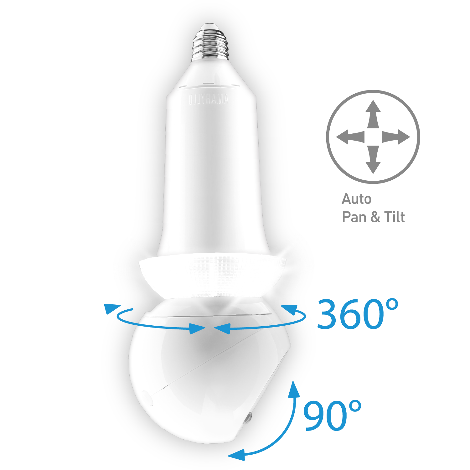 Light bulb with 360-degree rotation and auto pan & tilt features on a white background