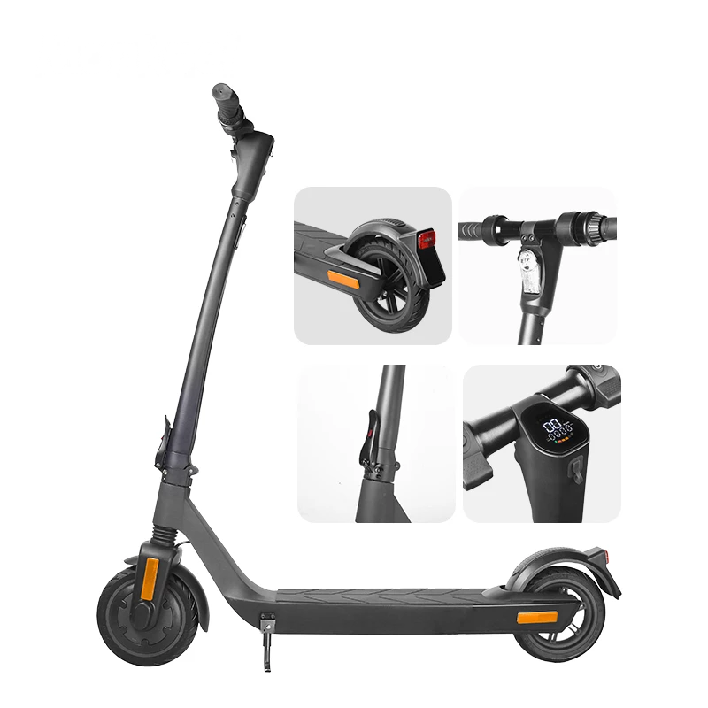 Black electric scooter with close-up insets on a white background