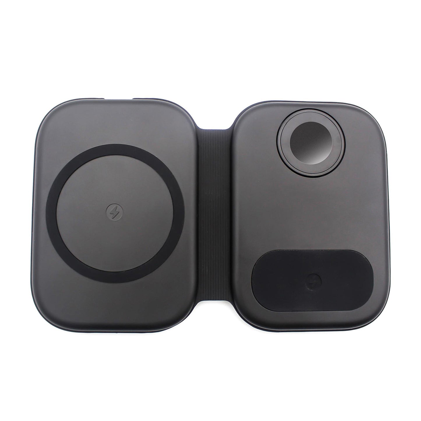 Black wireless charging pad with a circular design on a white background