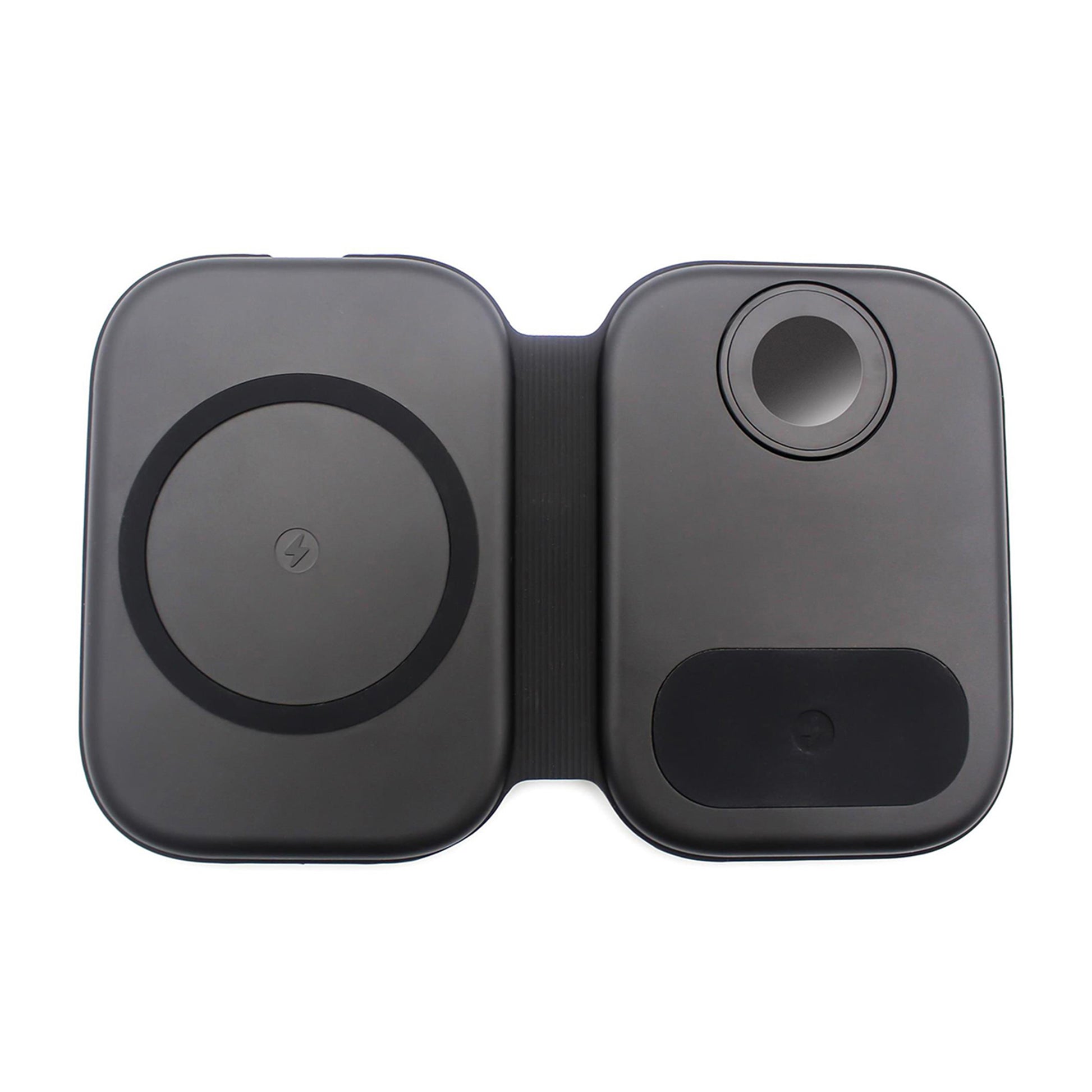 Black wireless charging pad with a circular design on a white background