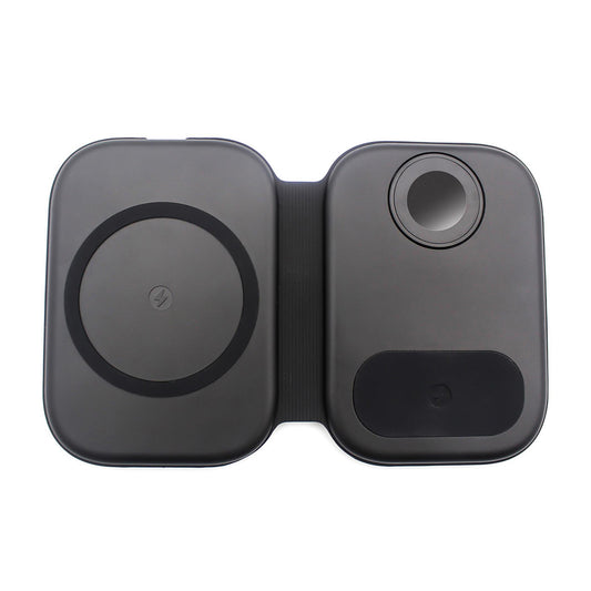 Black wireless charging pad with a circular design on a white background