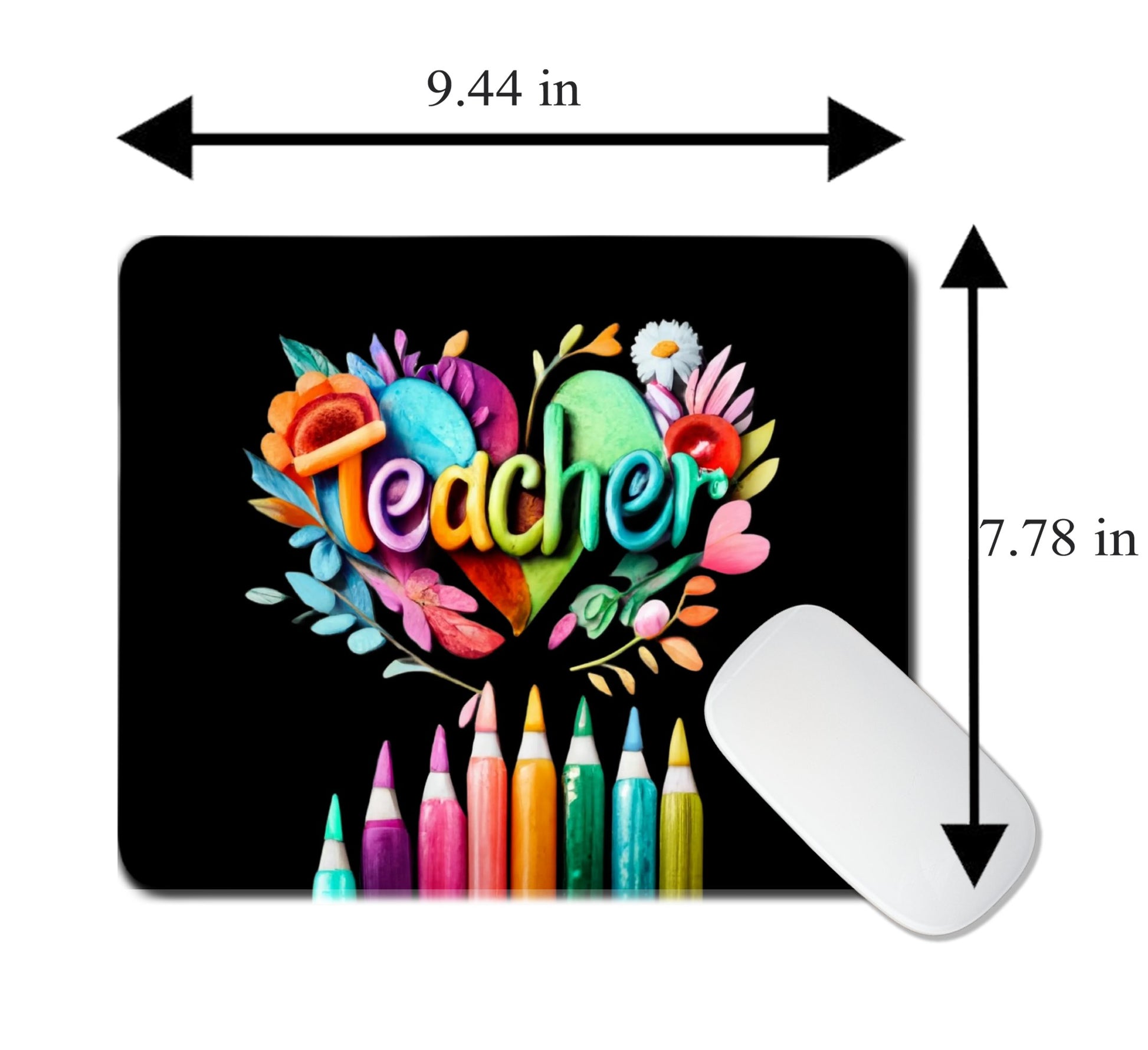 Mouse pad with 'Teacher' design and colorful elements, dimensions shown. Best computer parts and accessories online shop Axis-Dynamics  