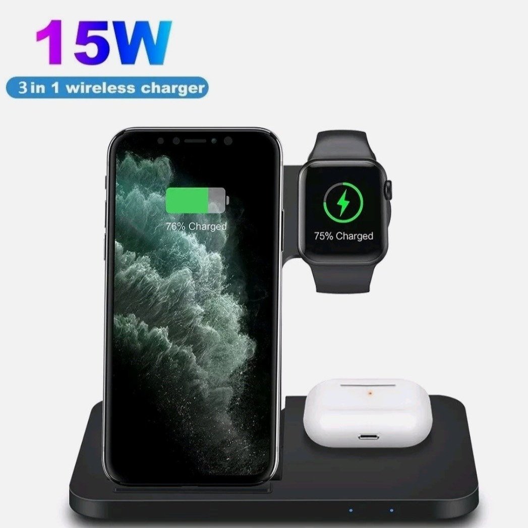 3-in-1 wireless charger with smartphone, smartwatch, and wireless earbuds on a white background.
