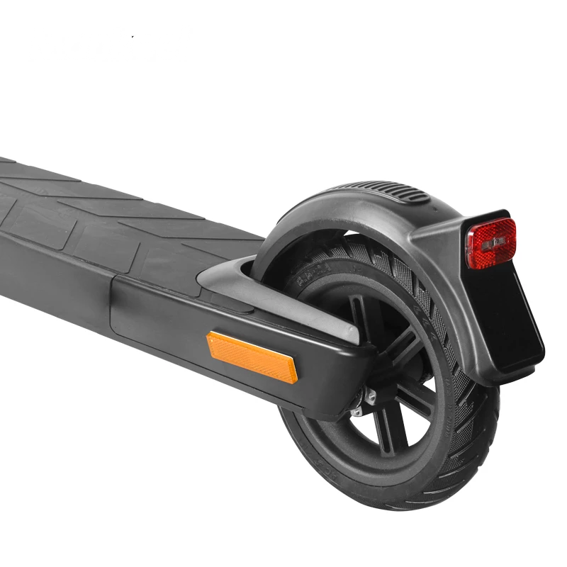 Close-up of a scooter's wheel and frame on a white background