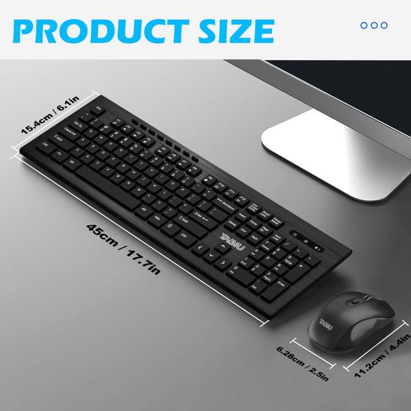 Black keyboard and mouse set with measurements on a gray surface. Best online electronics store. Axis-Dynamics