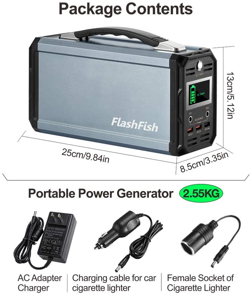 Portable power generator with accessories and dimensions labeled, featuring the brand 'FlashFish'.