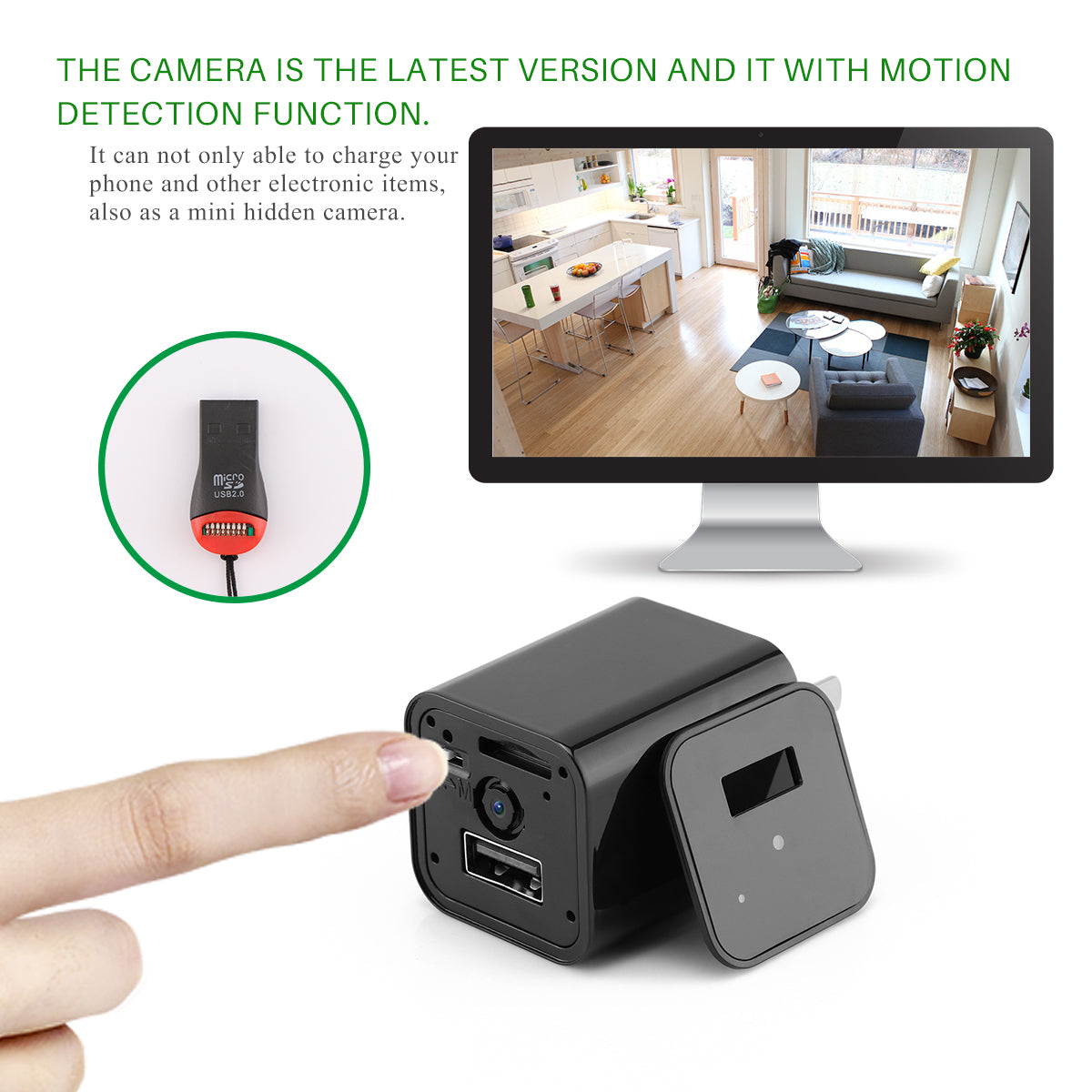 Small black camera with charging cable, displayed on a white background.