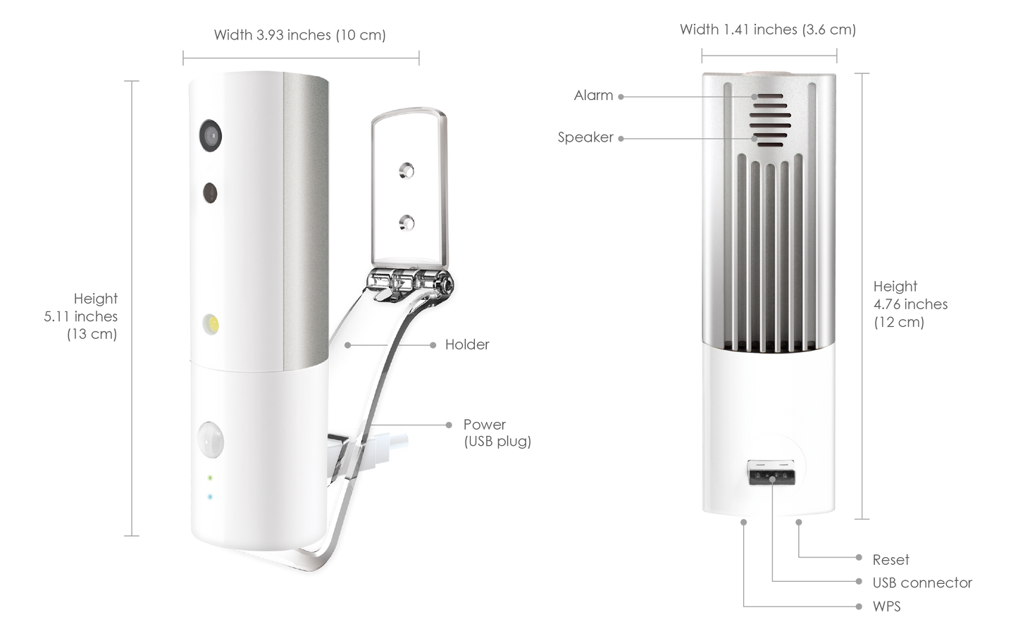 Measurement chart of a security camera system with labeled parts and dimensions.