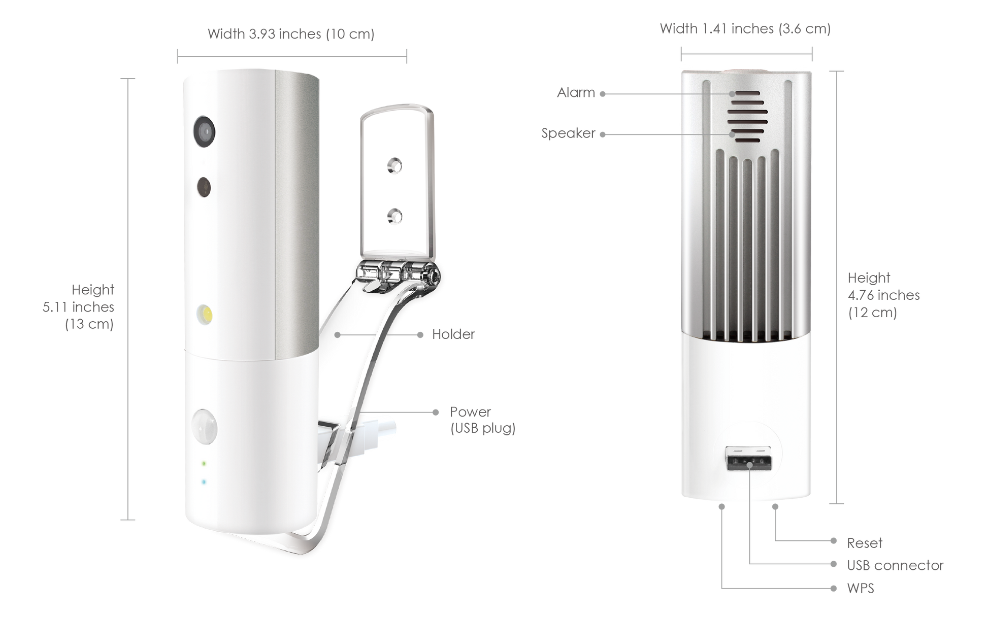 Measurement chart of a security camera system with labeled parts and dimensions.