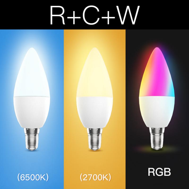 Three LED light bulbs with different color temperatures and RGB capabilities on a black background.