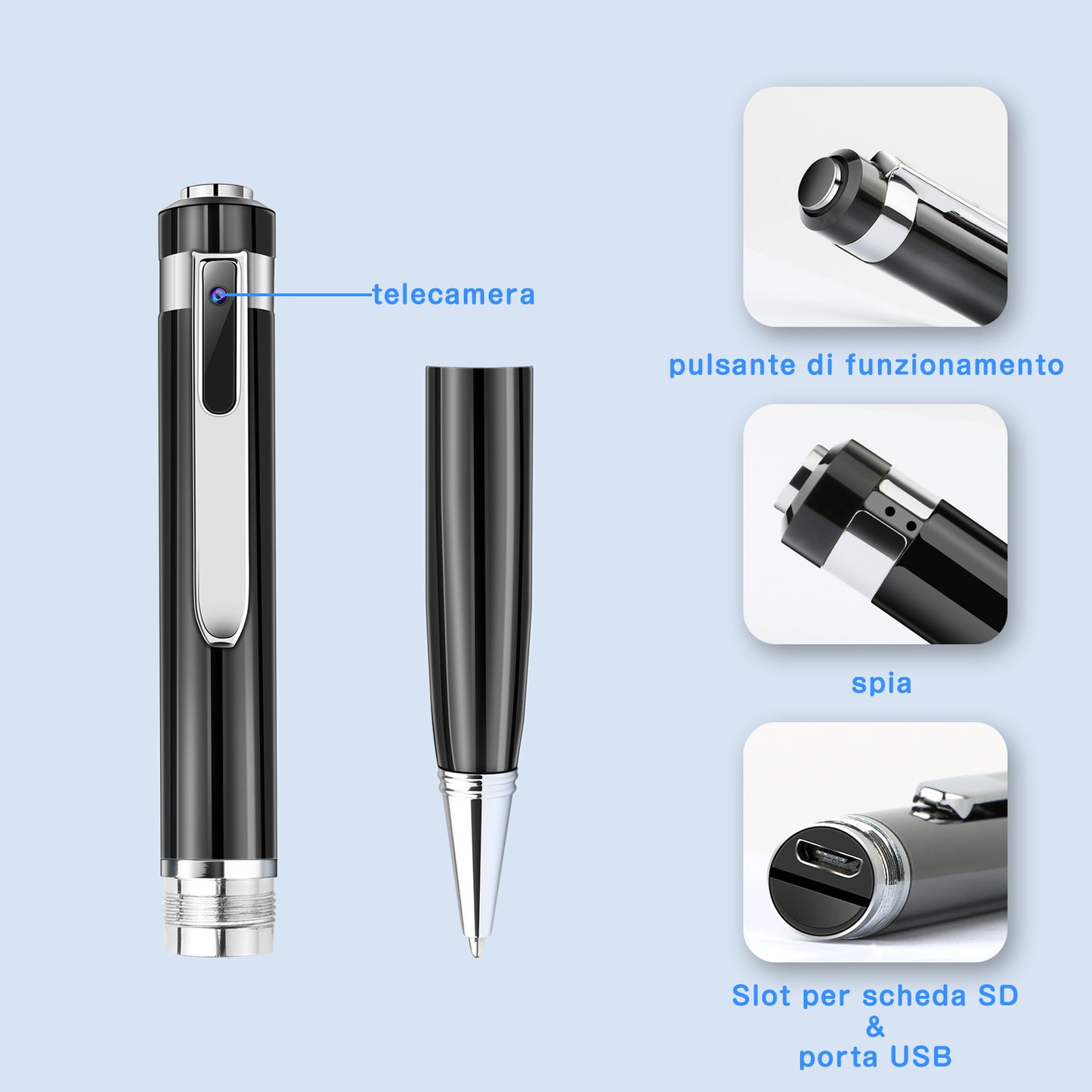 Pen with camera and USB interface on a light blue background