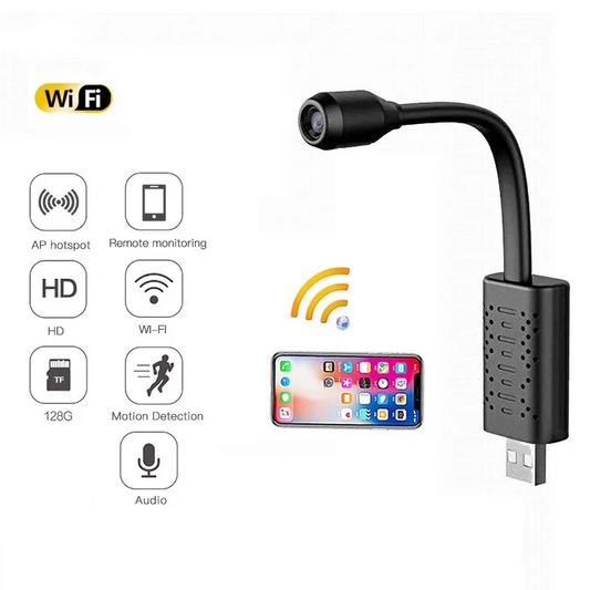 Black USB camera with features listed on a white background. best 4k video production camera