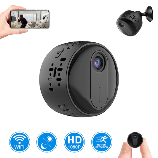 Black security camera with smartphone display, additional camera, and feature icons on a white background. best vlogging camera for youtube