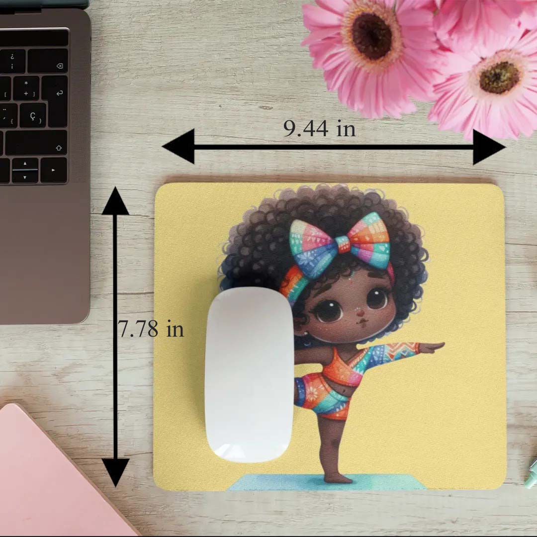 Mouse pad with a colorful illustration of a girl on a wooden desk with a laptop and flowers. Best electronics online store near me. Axis-Dynamics