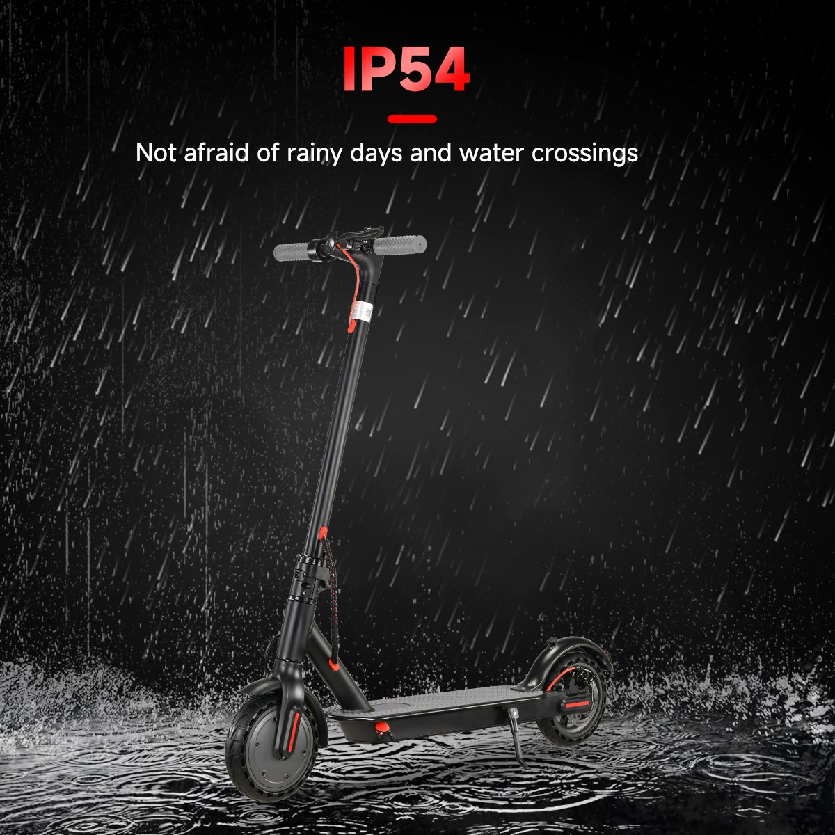 Electric scooter with IP54 rating in a rainstorm