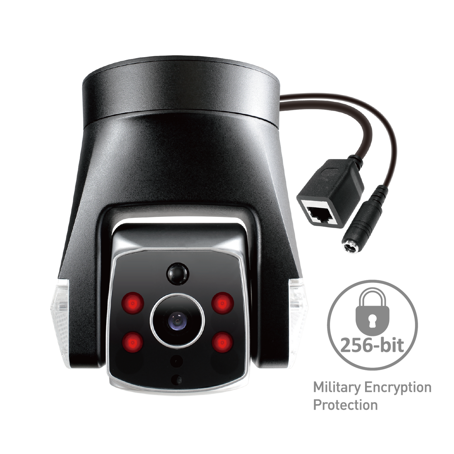 Black security camera with power cable on a white background, featuring 256-bit military encryption protection.