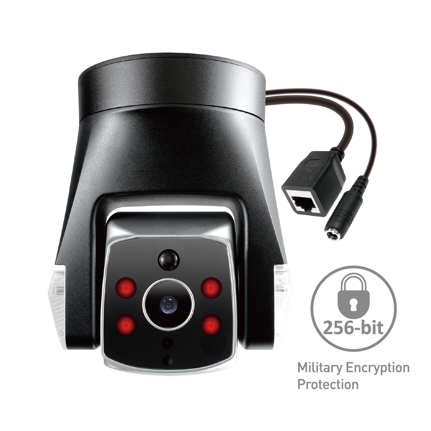 Black security camera with power cable on a white background, featuring 256-bit military encryption protection.
