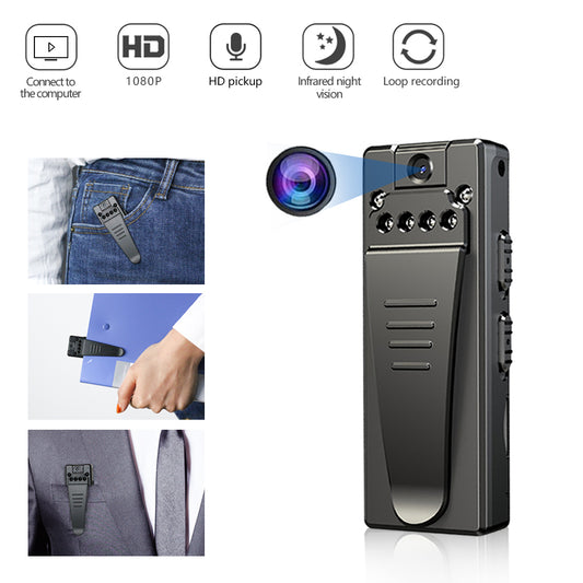 Small camera device with features like HD 1080P, infrared night vision, and loop recording on a white background.