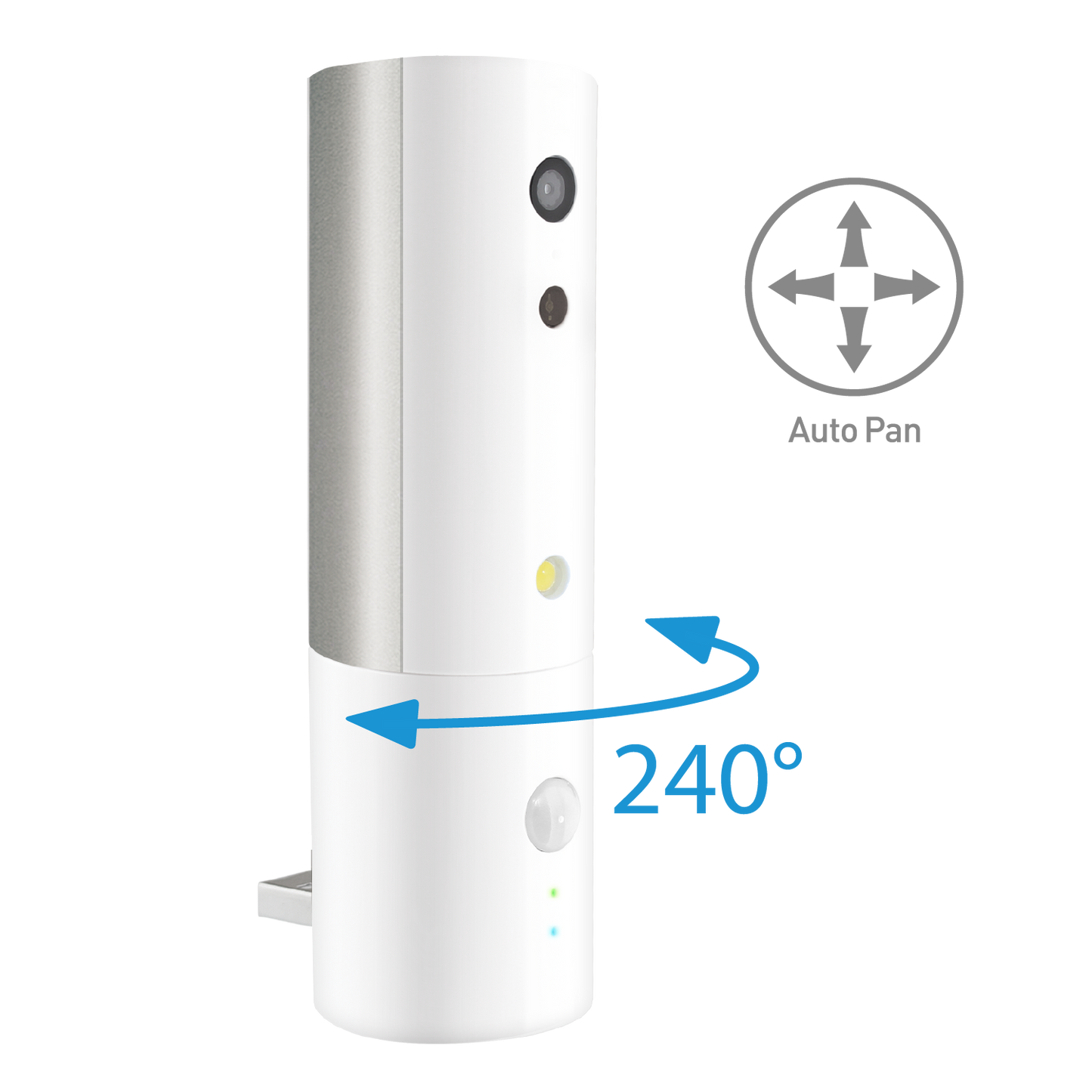 White security camera with 240-degree auto pan feature on a white background