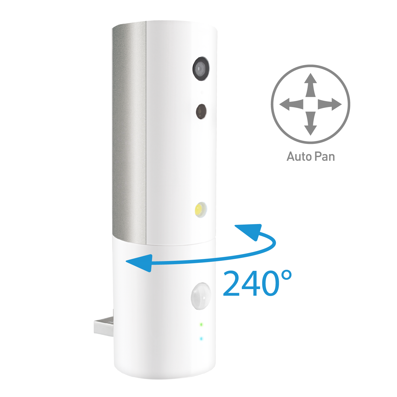 White security camera with 240-degree auto pan feature on a white background