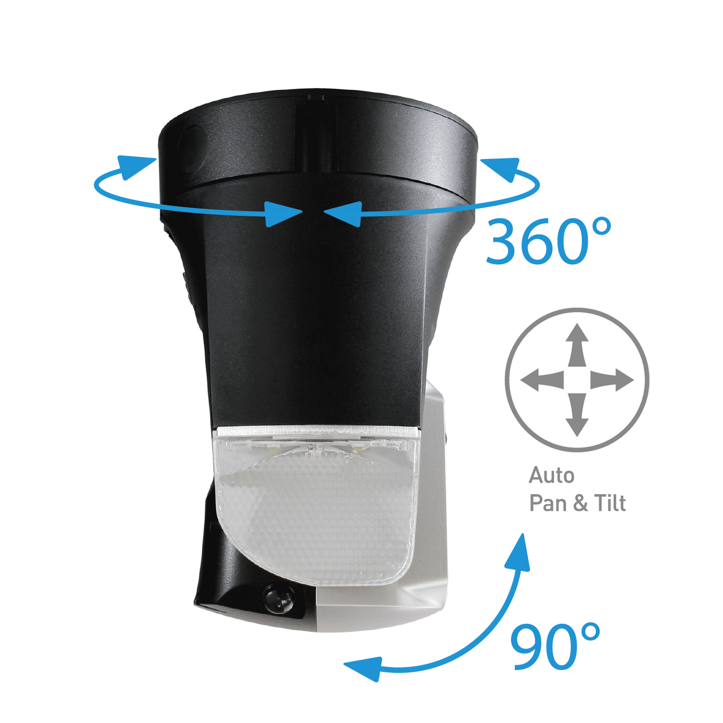 Black security camera with 360-degree rotation and auto pan & tilt features on a white background