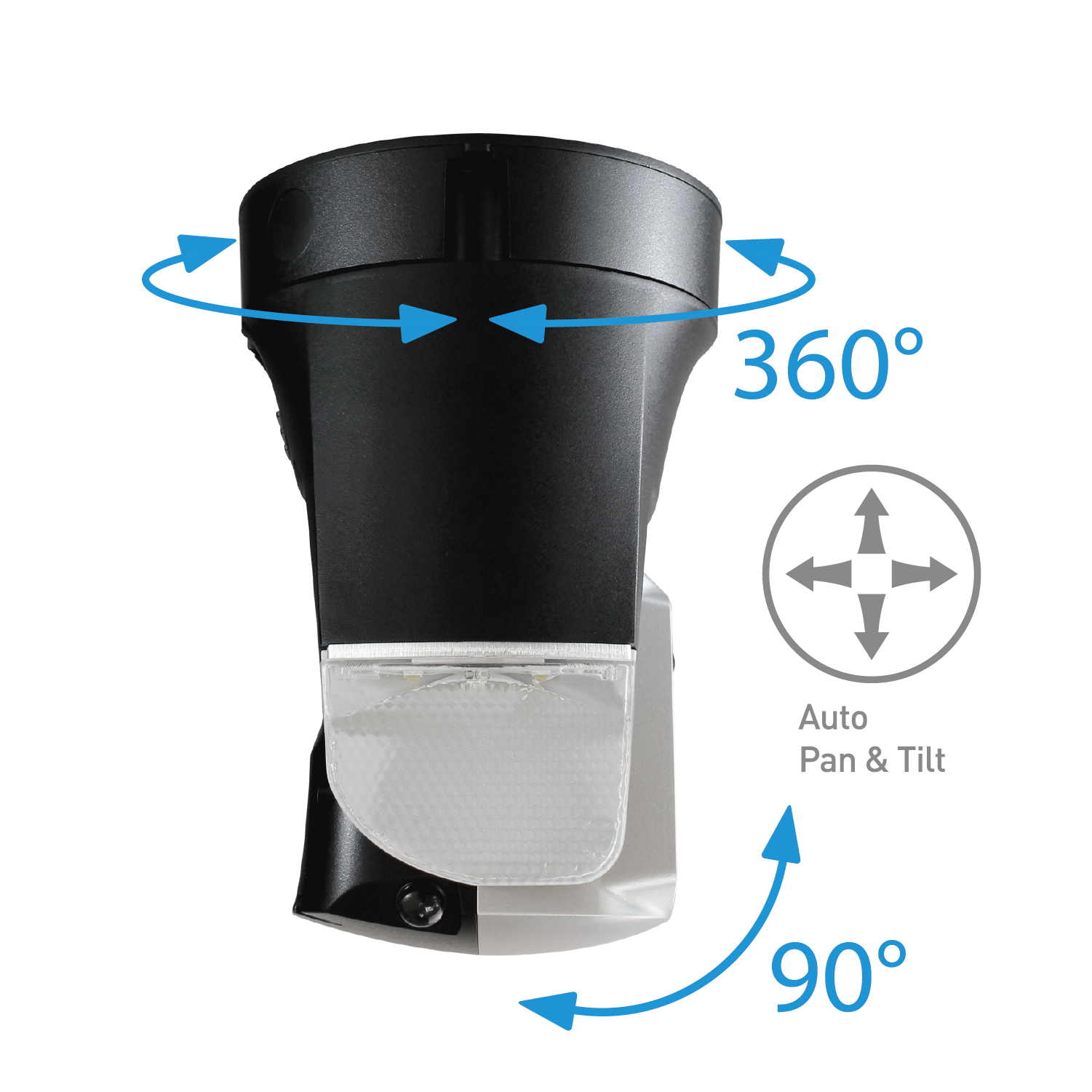 Black security camera with 360-degree rotation and auto pan & tilt features on a white background